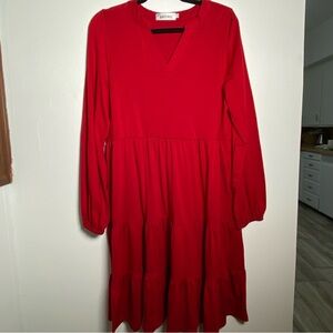 Red Midi Prairie Style Dress V neck Longsleeve Scandi girl Valentines Oversized